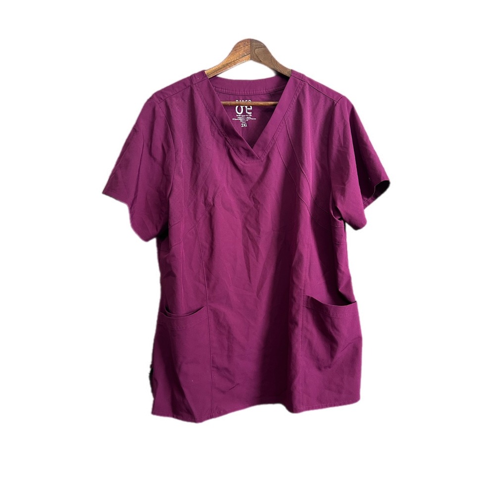 BARCO One Women's‎ 2XL V-Neck Scrub Top Burgundy Short Sleeve Pockets